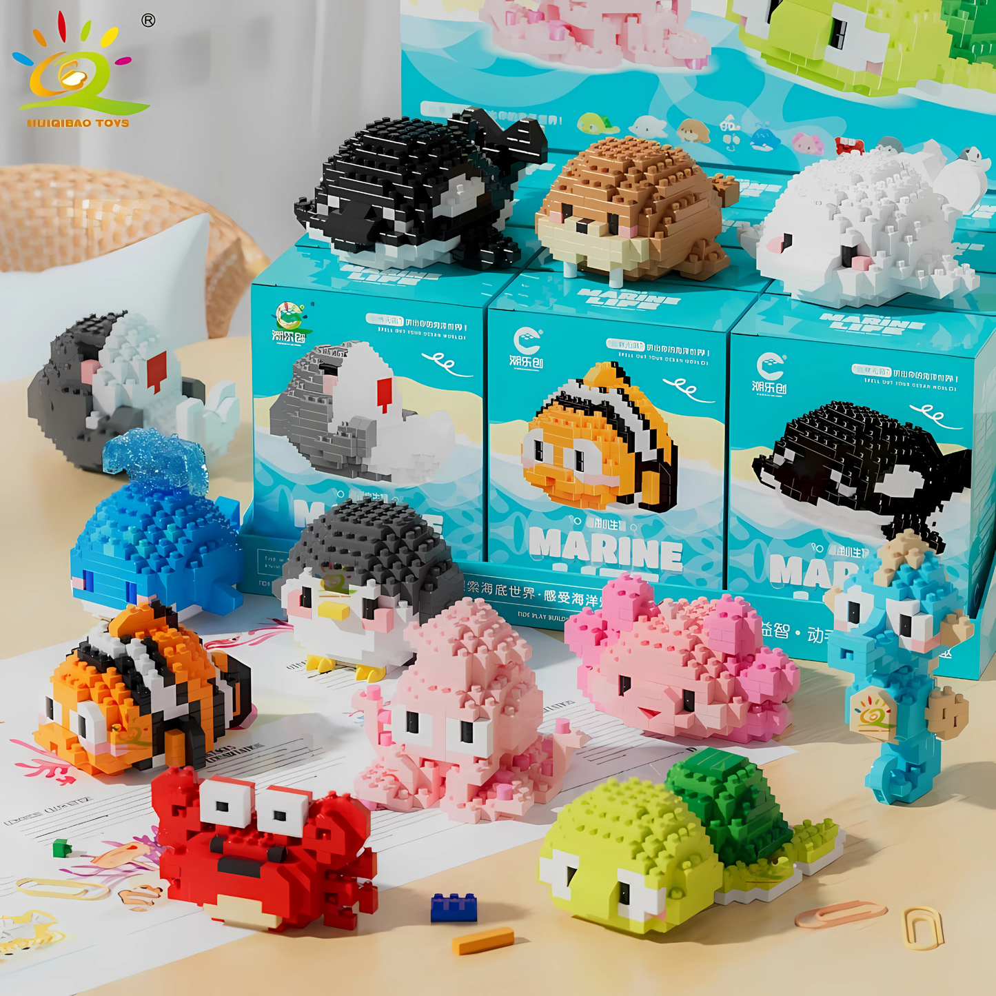 Mini Sea Life Bricks Set – 12 Different Micro Building Figures | Collectible Animals (Whale, Penguin, Turtle, Crab & More)
