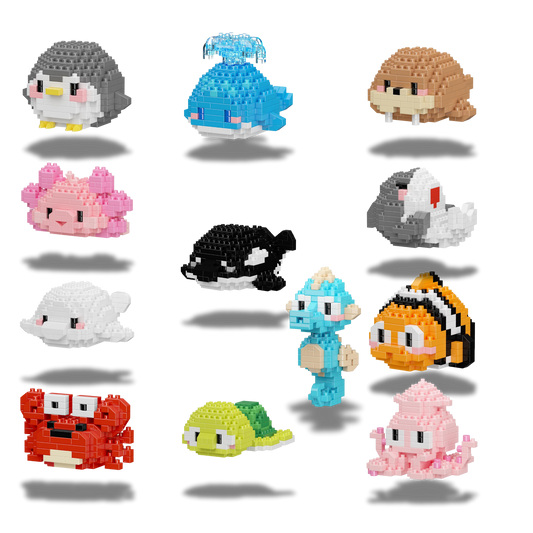 Mini Sea Life Bricks Set – 12 Different Micro Building Figures | Collectible Animals (Whale, Penguin, Turtle, Crab & More)